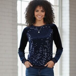 TOMMY HILFIGER VELVET SEQUIN BLUE/NAVY PULL OVER SWEATER ROUND NECK